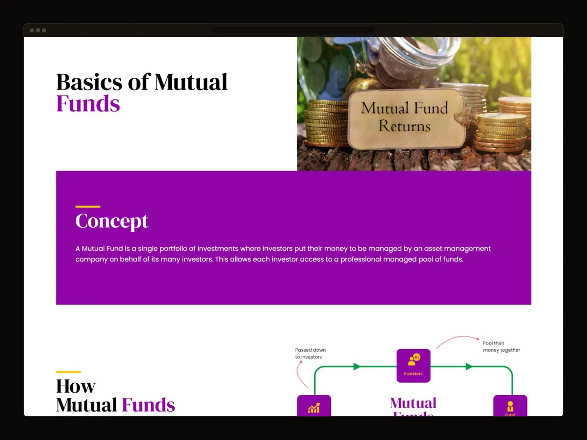 Investor education page explaining the basics of mutual funds, with a concept panel and a diagram of how a fund pools money from investors.