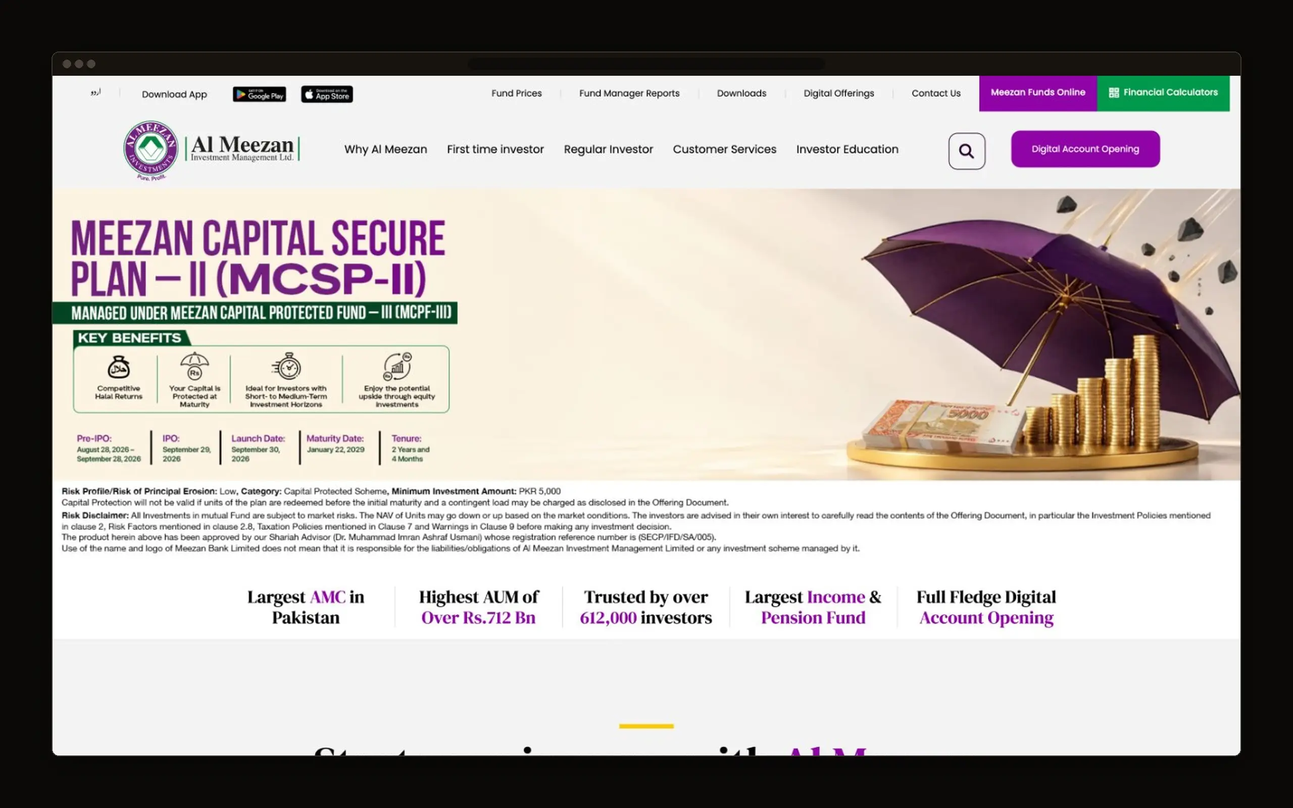 Asset management homepage with a fund campaign banner, regulatory risk disclosure text beneath it, and a row of headline figures.
