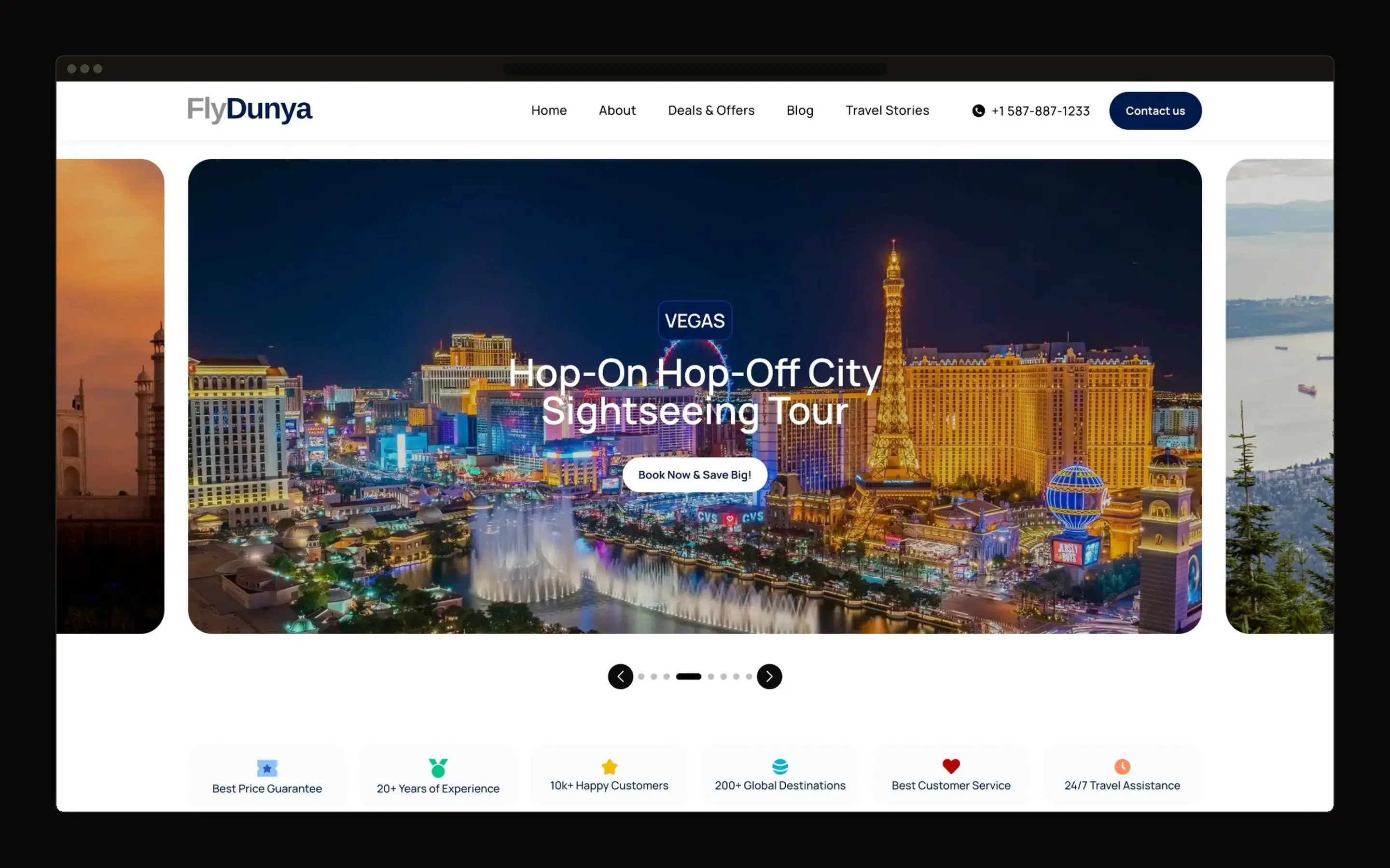 Travel homepage with a wide destination carousel showing a city sightseeing tour, and a row of service badges beneath it.