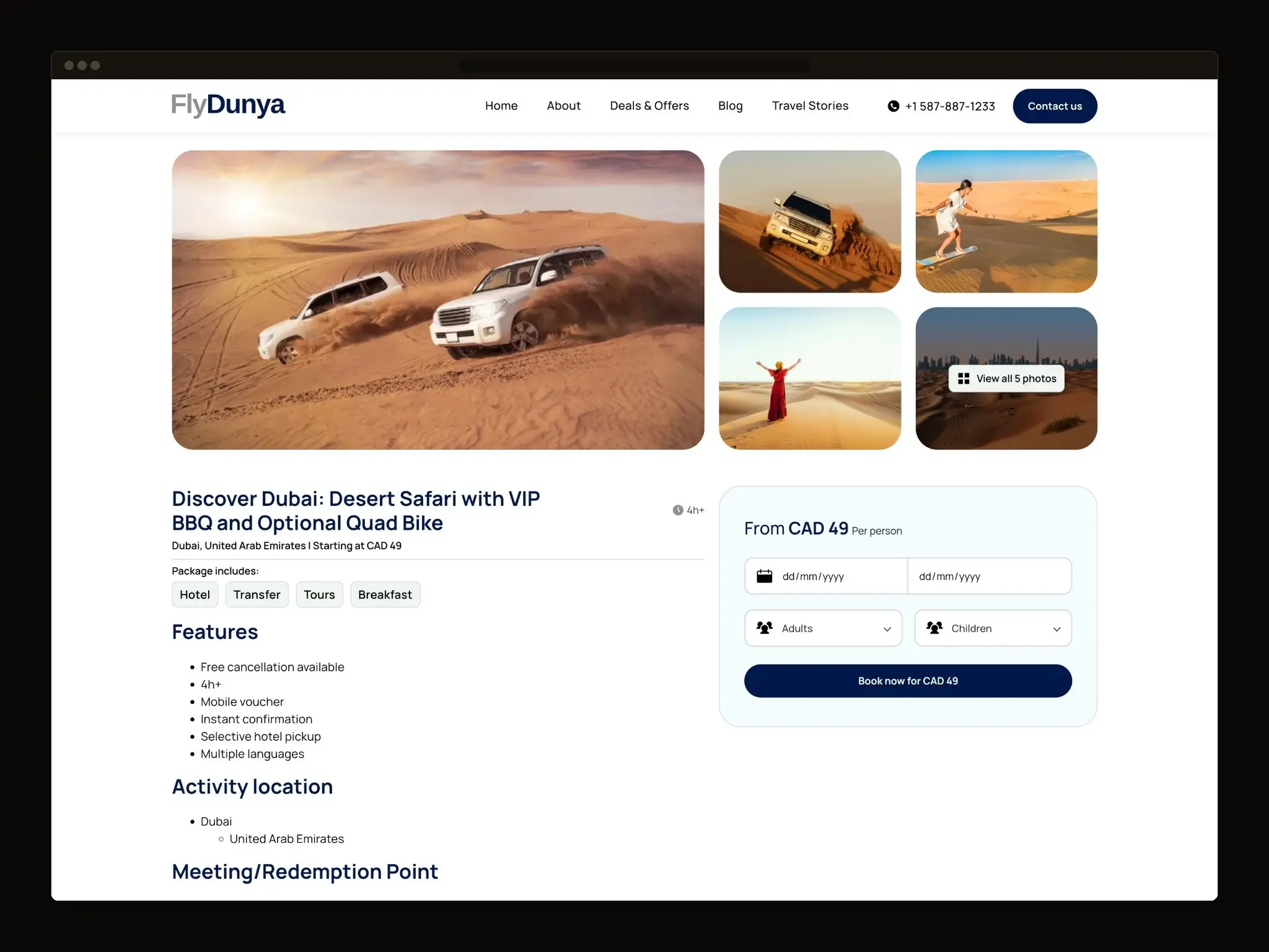Activity page for a desert safari, with a photo gallery, an inclusions list, a features list and a price and date panel to one side.