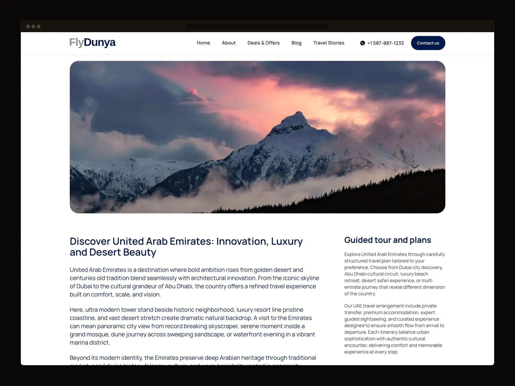 Destination page with a wide banner photograph above long form description text and a guided tours column.