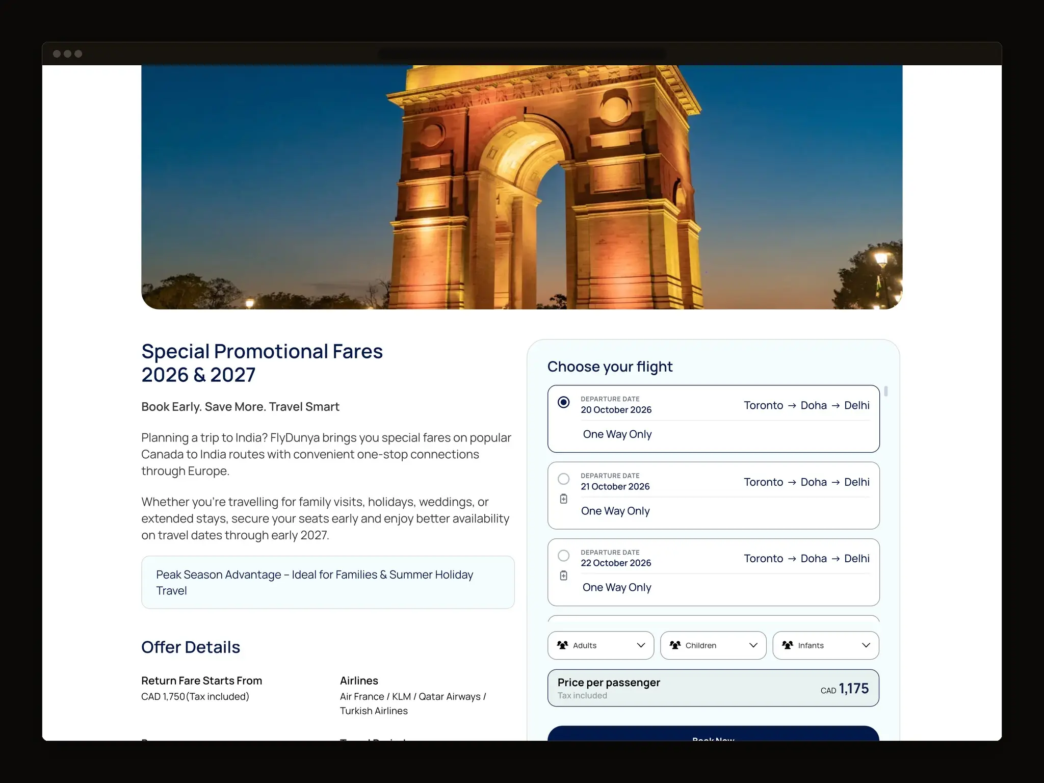 Offer page for promotional return fares, with fare and airline details beside a panel of selectable departure dates.