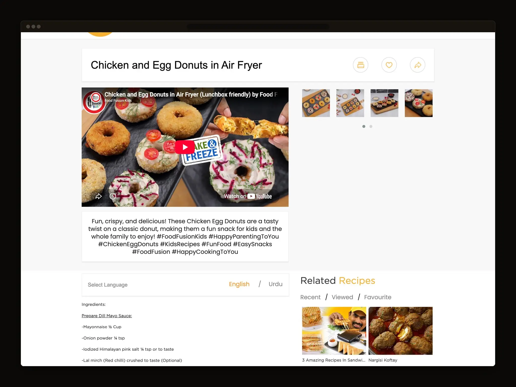 Recipe page with an embedded video, an ingredient list with an English and Urdu language switch, and a related recipes column.