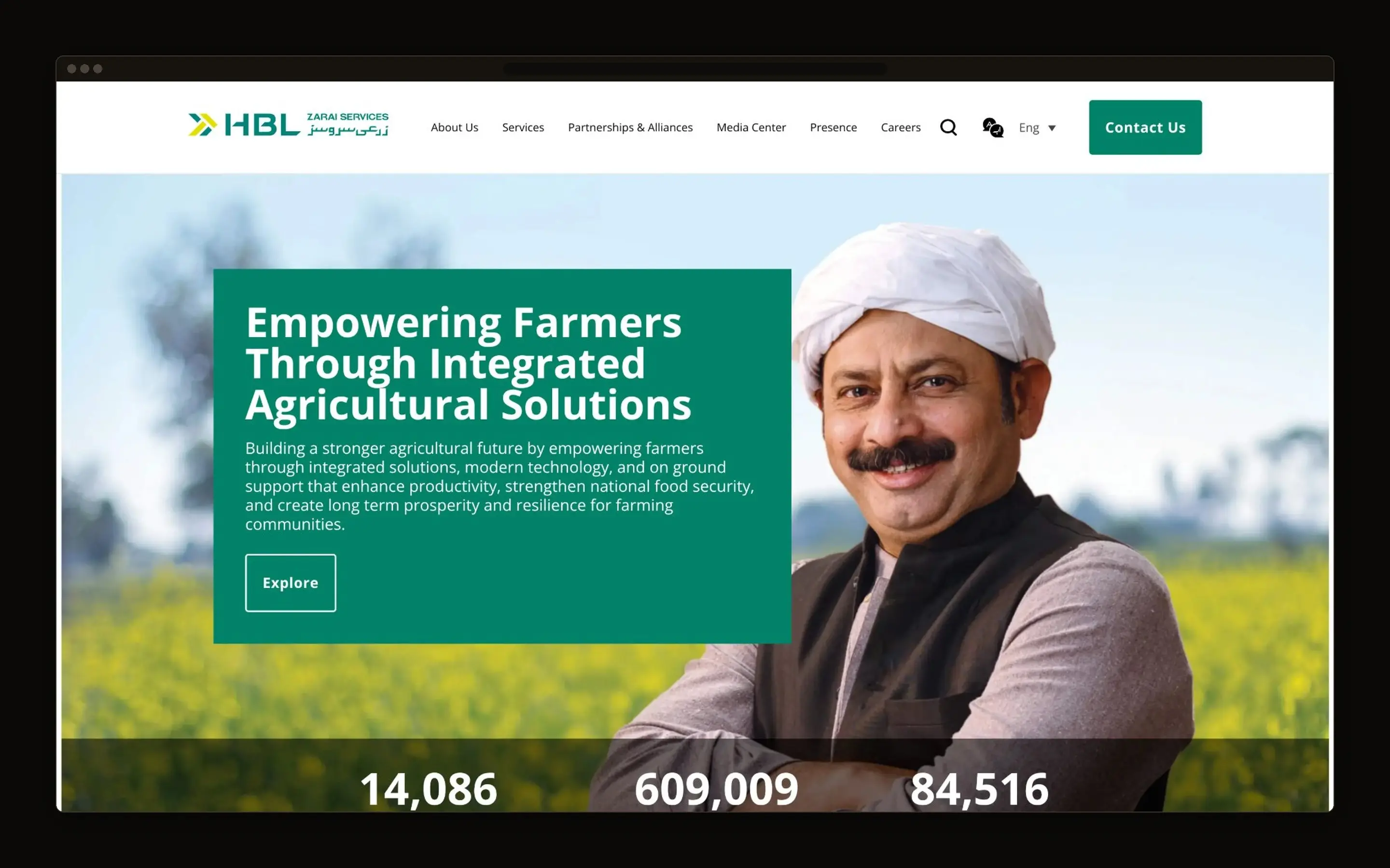Agriculture services homepage, a farmer photographed in a mustard field behind a headline panel, with three impact counters across the foot.