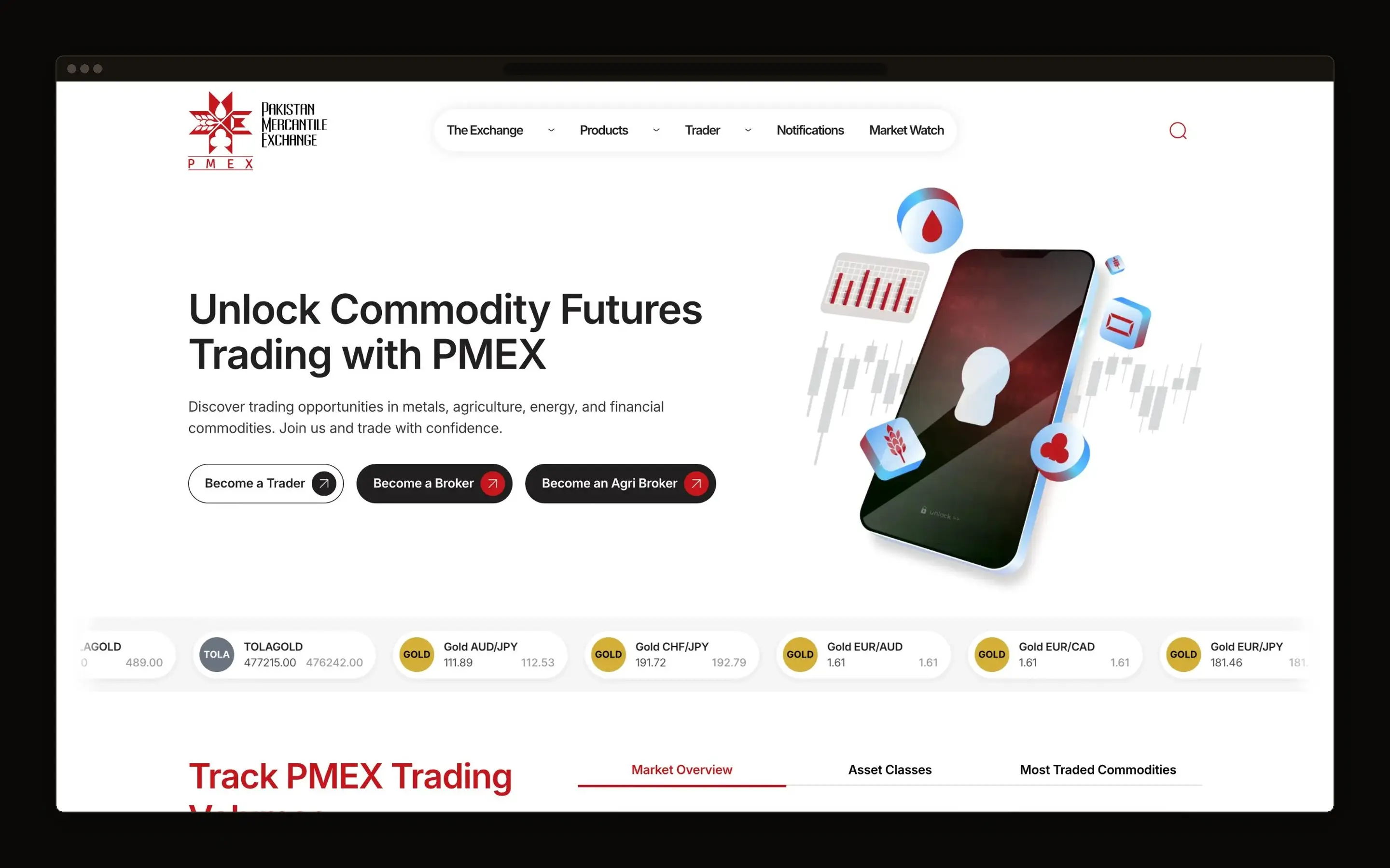 Exchange homepage with a commodity futures headline, three call to action buttons, and a row of live gold and currency prices running across the foot.