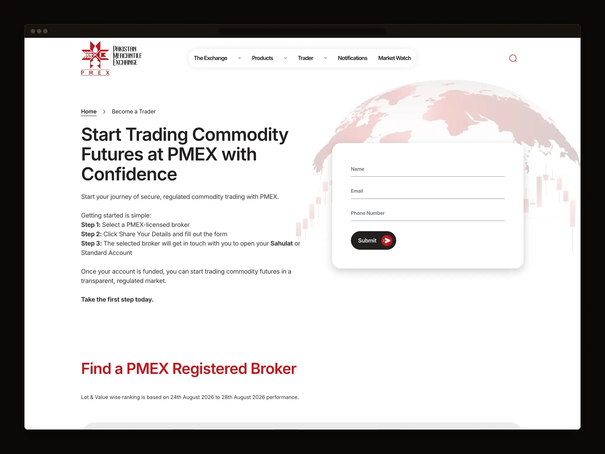 Trader onboarding page setting out a three step account opening process beside a short name, email and phone form.