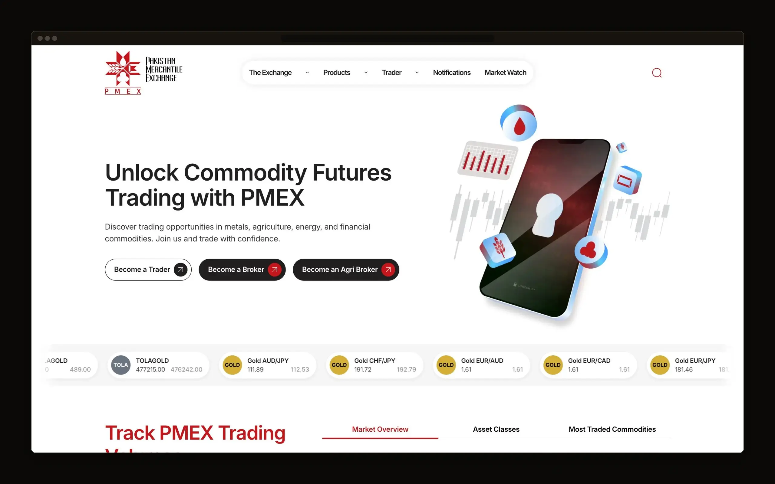 Exchange homepage with a commodity futures headline, three call to action buttons, and a row of live gold and currency prices running across the foot.