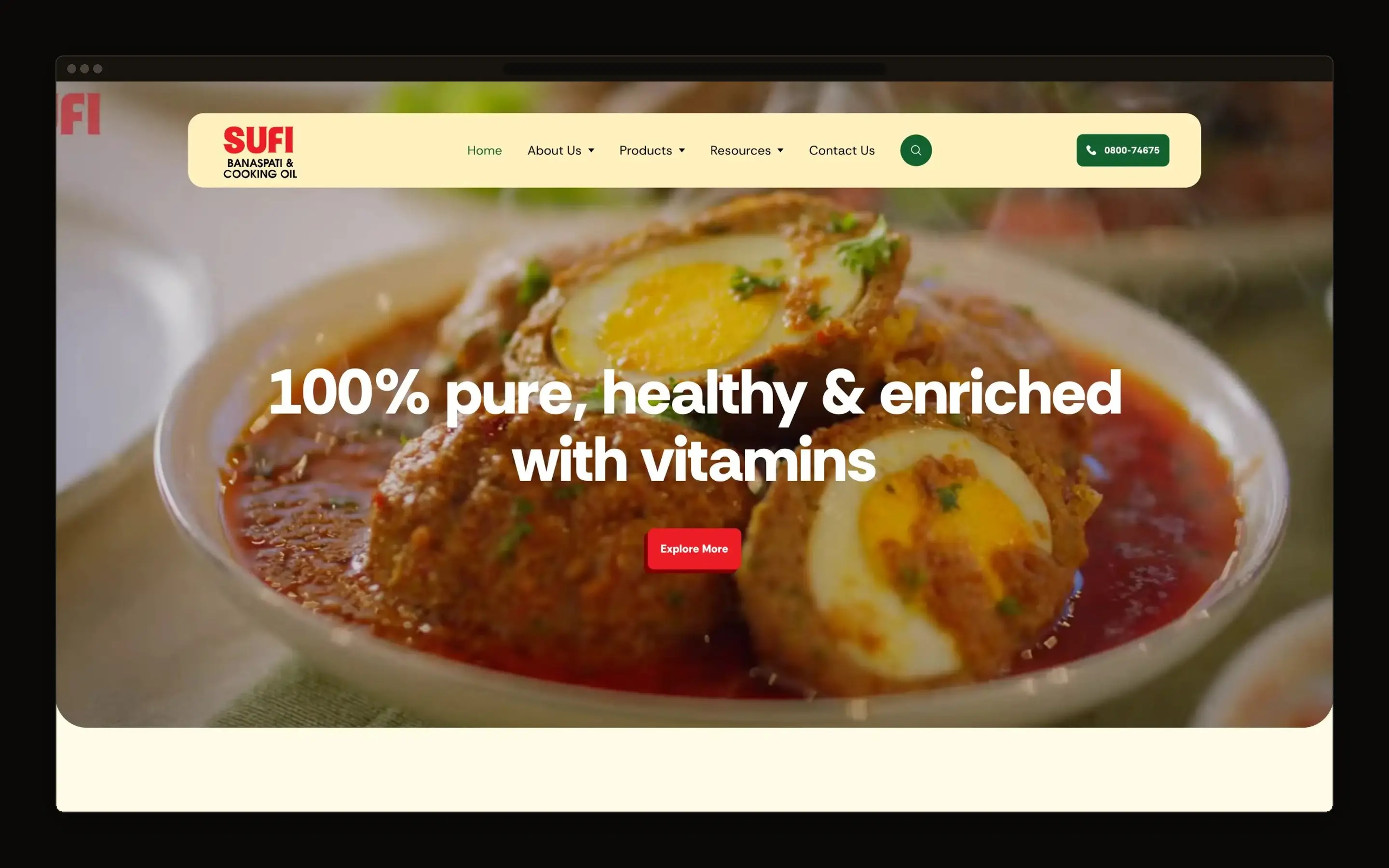 Brand homepage with a full width photograph of a cooked dish behind a headline about purity and added vitamins.