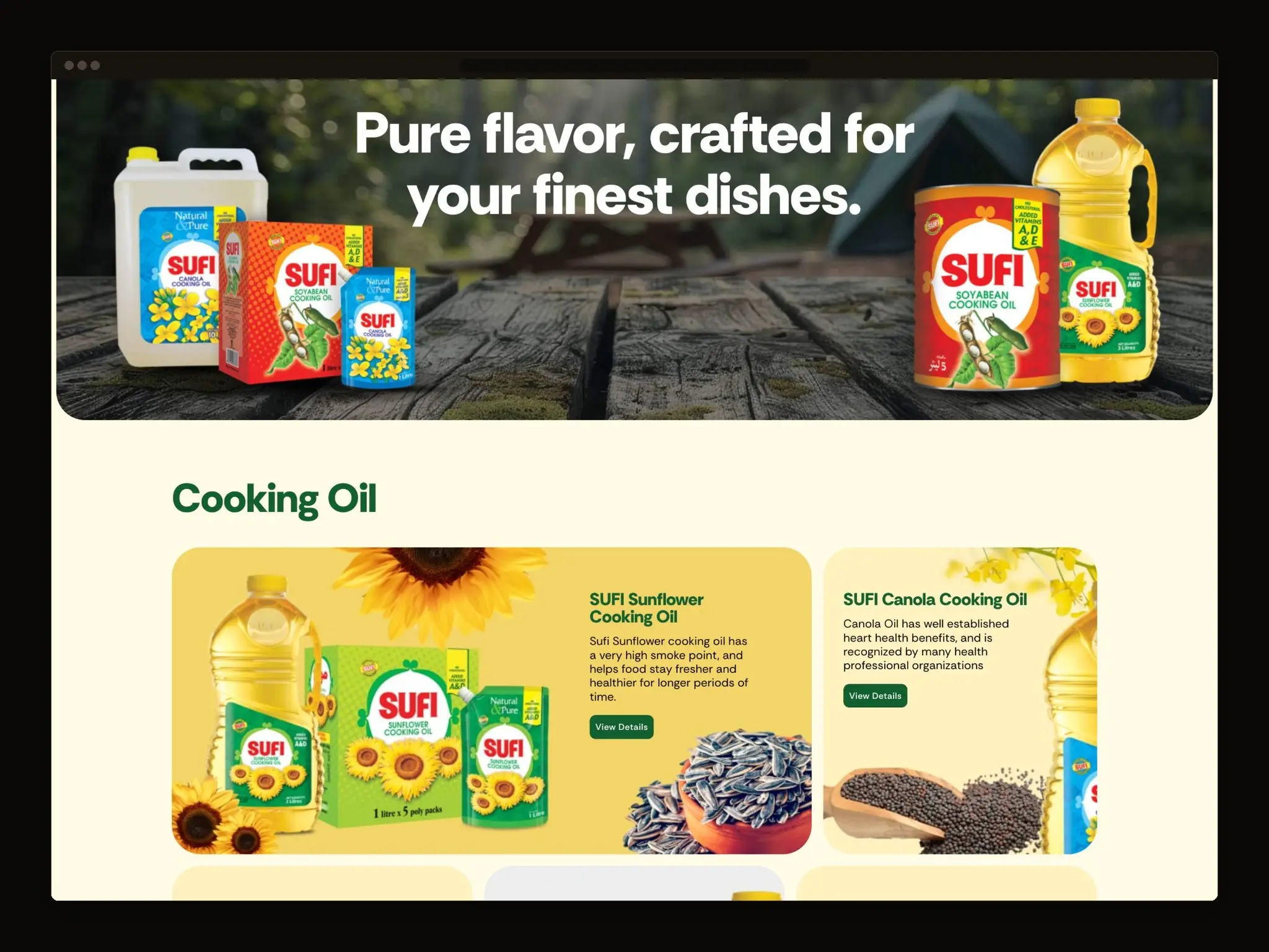 Product catalogue with a packaging banner above a cooking oil section, each product a card with a description and a details link.