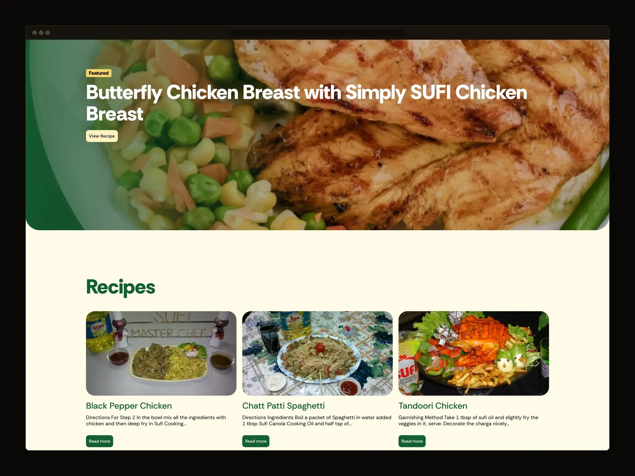 Recipe library with a featured chicken recipe banner above a grid of recipe cards, each with a photograph and method summary.